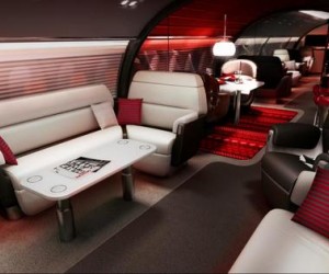 The luxury jet features a unique interior layout with wide cabins incorporating separ...
