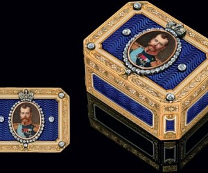 A rare diamond-encrusted snuff box from Faberge bearing the portrait of Tsar Nicholas...
