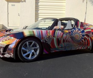 Typically the domain of BMW, the Gartel art car uses an electric Tesla Roadster as it...
